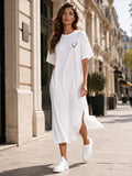 Smiley Letter Print Side Split Loose Oversized Women T‑Shirt Maxi Dress, Crew Neck Short Sleeve Casual Long Tee Dress, Soft Loungewear Nightgown, Streetwear Sundress for Daily Home Party Vacation Travel Shopping Casual Occa