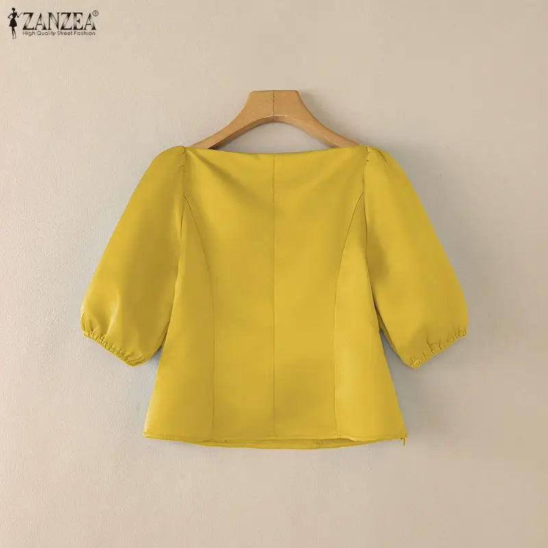 ZANZEA Elegant Princess Seams Satin Blouses Woman Boat Neck Puff Sleeves Solid Color Party Crop Tops Summer Graceful Blusa Mujer