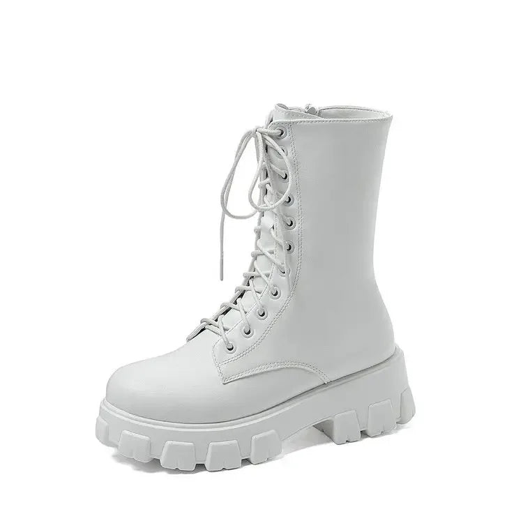 Platform Women's Ankle Boots Autumn 2023 Black White Thick Bottom Motorcycle Botas Mujer Pu Leather Non-Slip Combat Boots Women