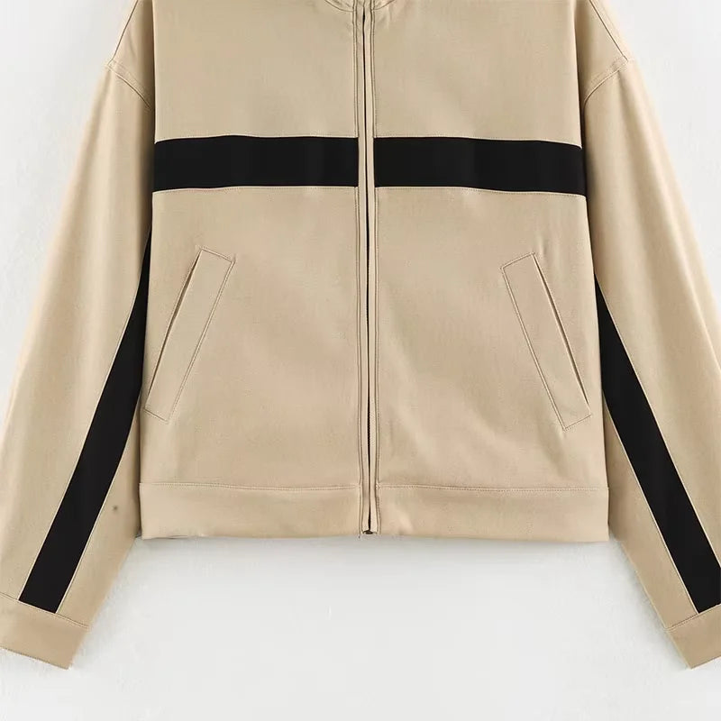 Women's Jackets Beige Black Zip Collar Crop Jacket Lapel Loose Streetwear Spring Autumn Chic Sports Outfits Short Coats 2026 New