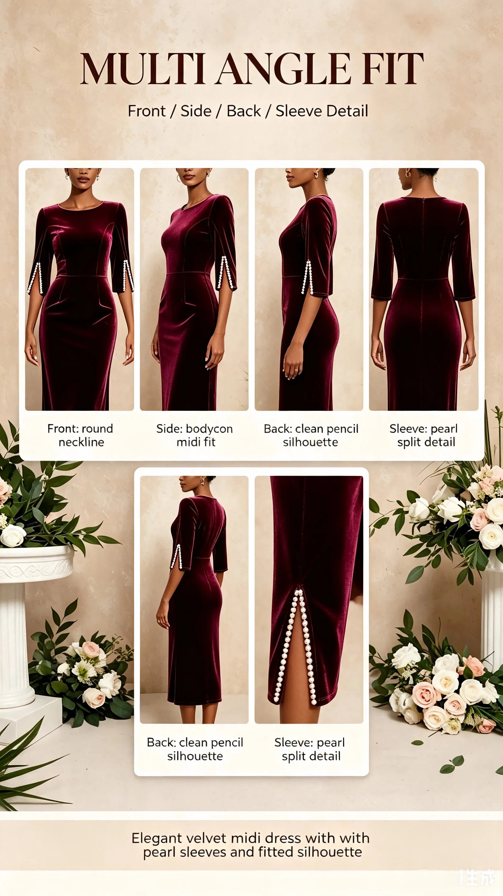 Women Burgundy Velvet Midi Dress Round Neck Pearl Split 3/4 Sleeve Bodycon Pencil Dress Elegant Wedding Guest Evening Party Formal Dresses