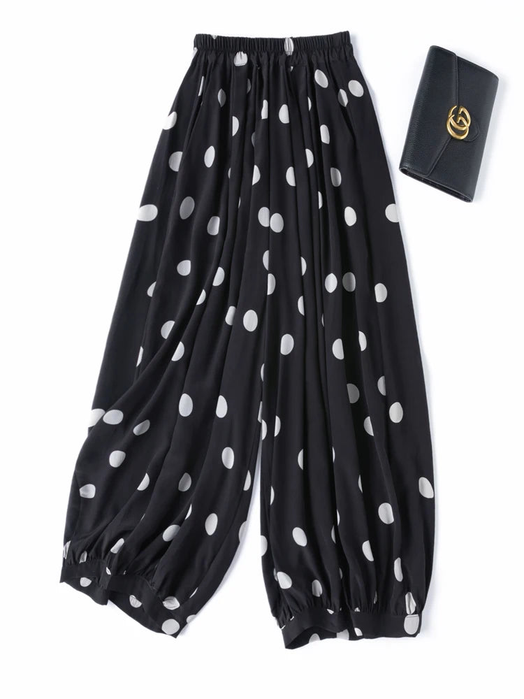 Modern Large Polka Dot 100% Natural Mulberry Silk Crepe De Chine Elastic Waist Women's Fashionable Cropped Lantern Pants