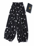 Modern Large Polka Dot 100% Natural Mulberry Silk Crepe De Chine Elastic Waist Women's Fashionable Cropped Lantern Pants