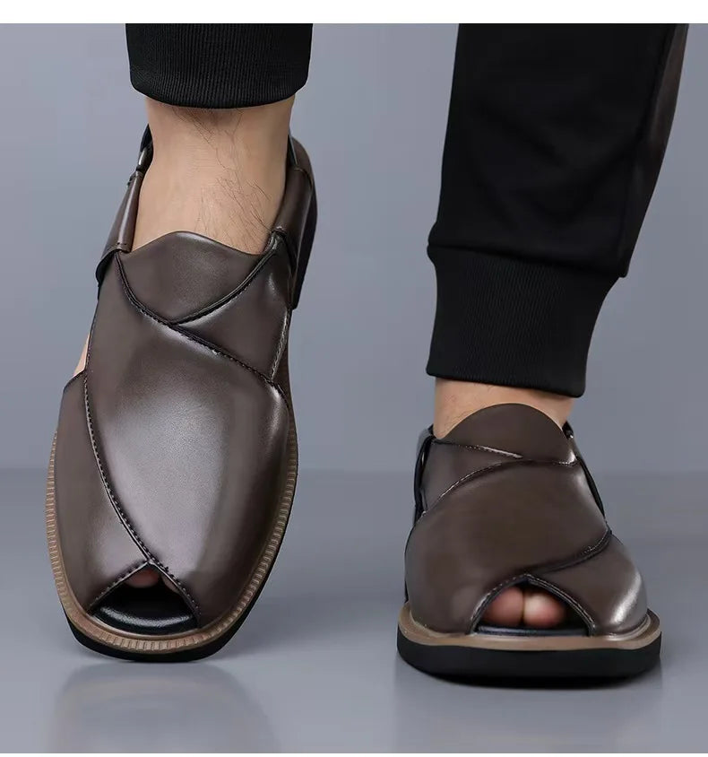 PU Leather Men's Sandals Handmade Stitching Beach Shoes Non Slip Hollow Out Shoes Outdoor Casual Sandaly All-match Man Sandalias