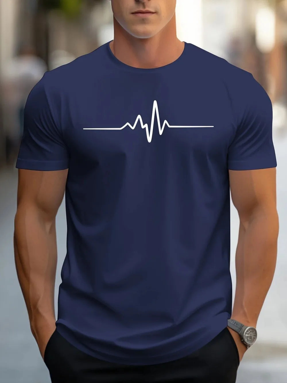 Fashionable men's summer electrocardiogram printed comfortable and breathable round neck T-shirt outdoor casual top