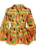 Women's Notched Lapel Long Sleeve Printed Wrap Peplum Top For Daily Vacation Street Casual Fashion Occasions
