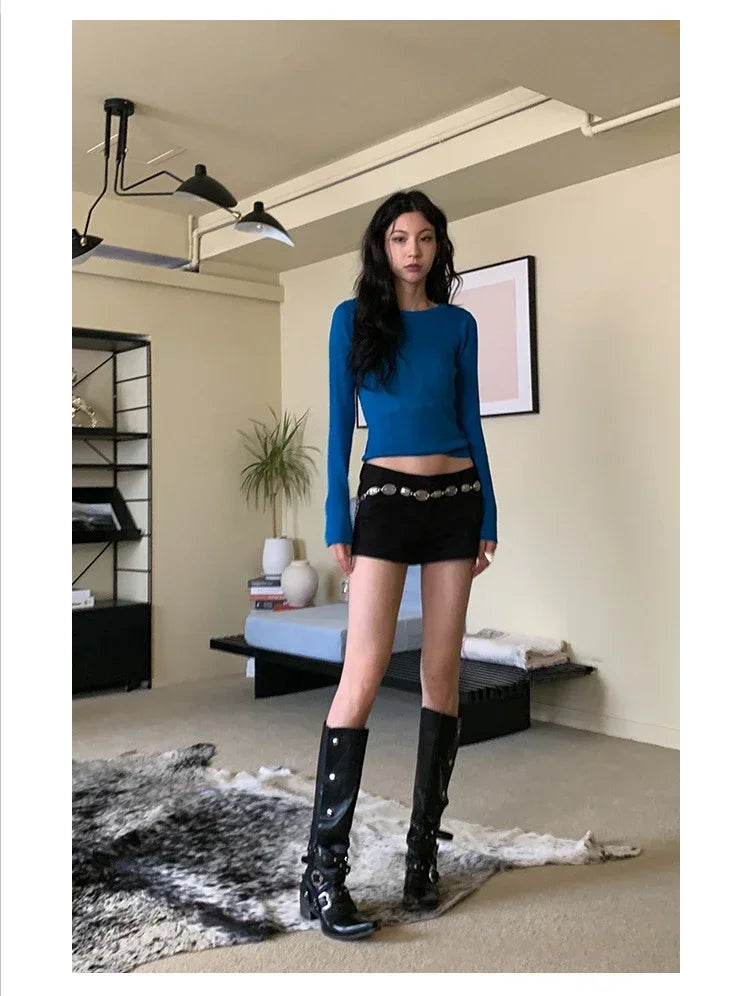 Woman Black Punk Knee High Platform Low Heel Trend Punk Gothic New Rock Leather Fashion Women Chunky Knight Motorcycle Footwear