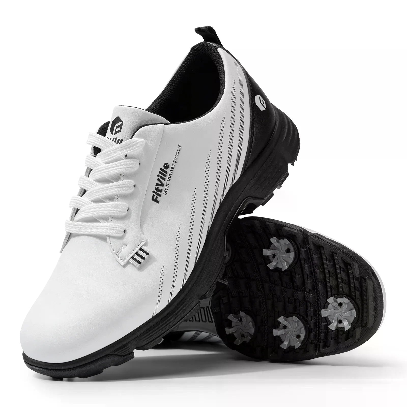 FitVille Men's Wide Toe Box Spiked Golf Shoes, Water‑Resistant Stable Anti‑Slip Outsole, Built‑In Arch Support Lightweight Comfort Golfing Sneakers