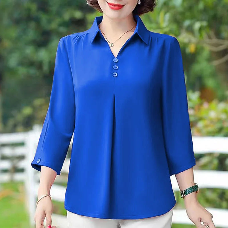 1pcs Woman Summer Solid Blouses Shirt Lady Thin Pullover Shirt Female Casual Half Sleeve Turn-down Collar Loose Top Mom Clothing