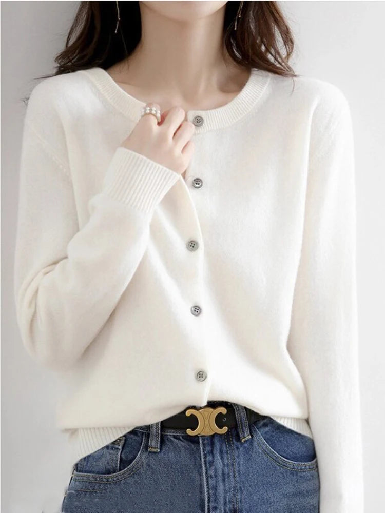 Women Knitted Cardigans Autumn Winter 2025 Round Neck Casual Long Sleeve Tops Solid Basic Soft Sweaters Female