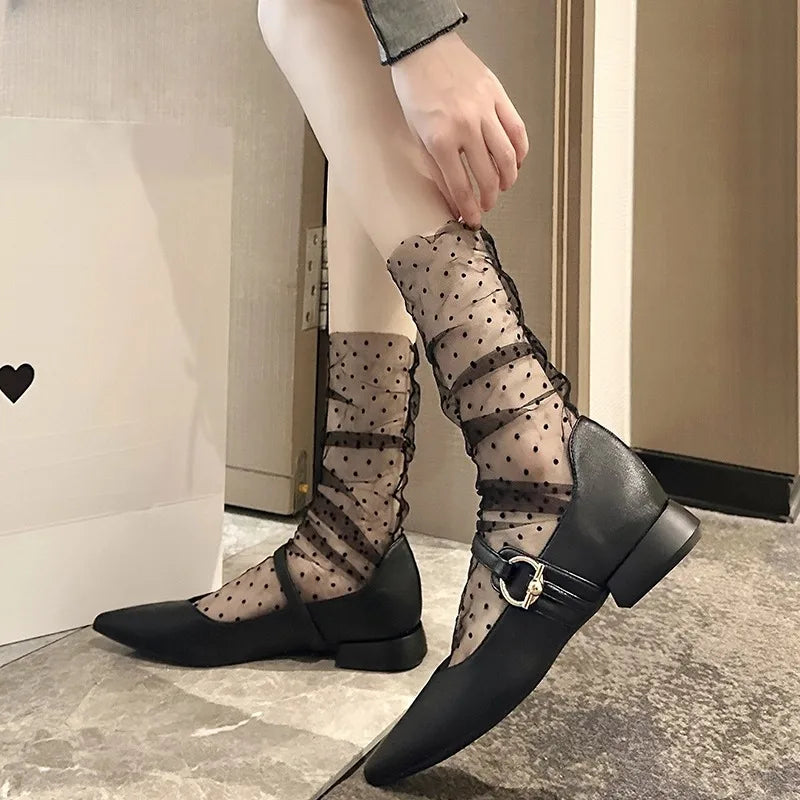 Sexy Transparent Polka Dot Lace Socks Women Thin Nylon Silk Sheer Stacked Socks French Style Elegant Femme JK Lolita White Socks
