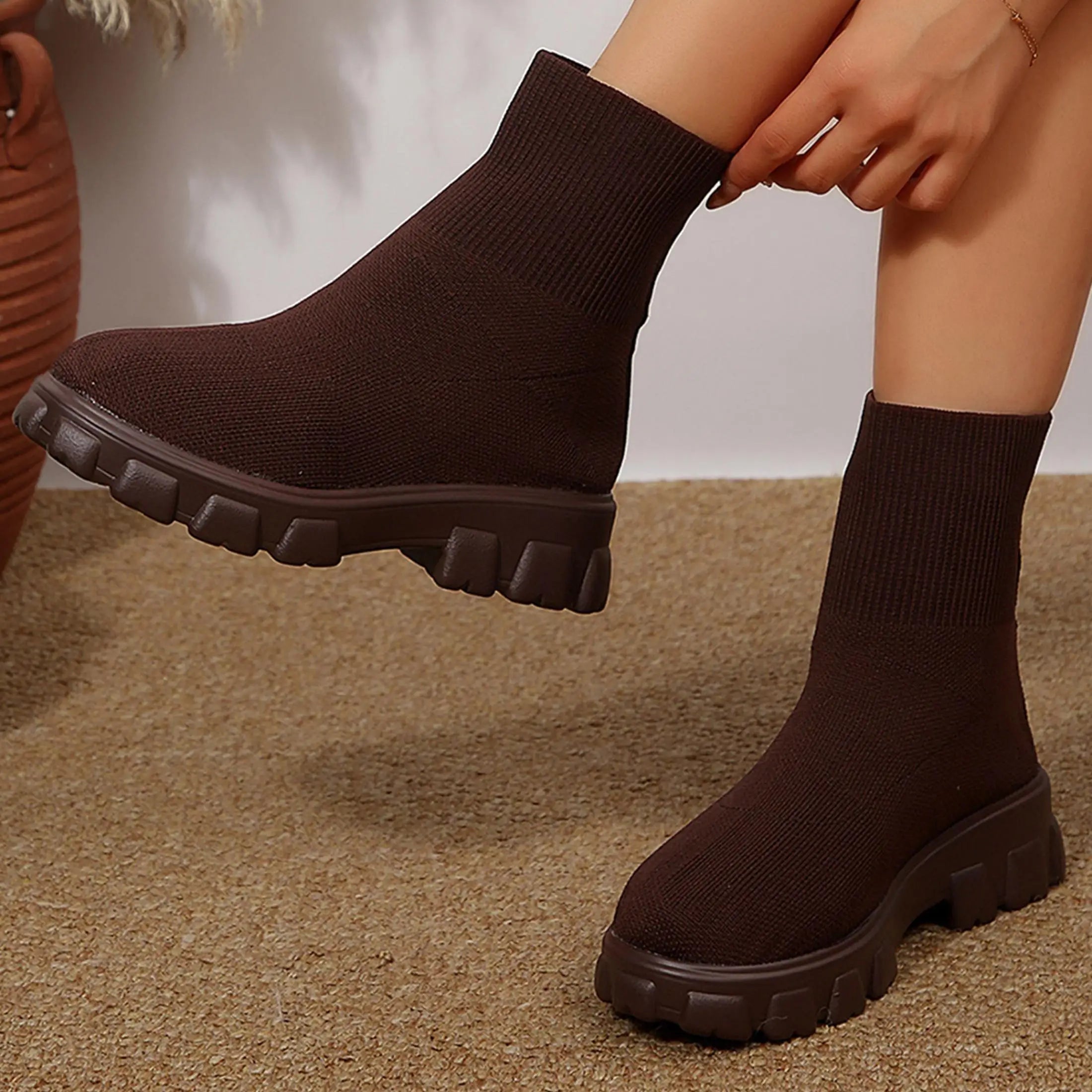 Ankle Boots for Women Comfortable Round Toe Slip On Stretch Soft Chunky Block Heel Knit Platform Boots Punk Dress Sock Boots