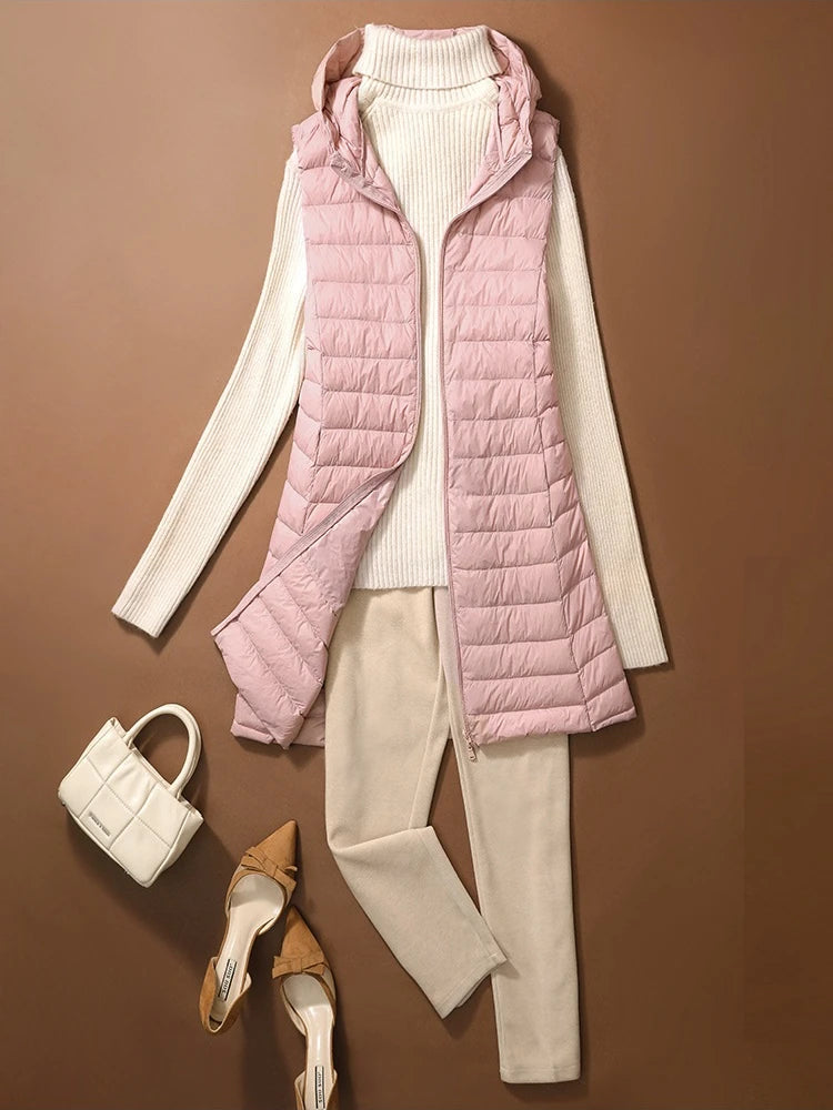 NewBang Women Sleeveless Long Waistcoat Autumn Winter Ultra Light Down Vest With Hooded Female Portable Duck Down Coat