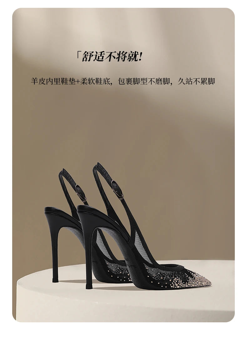 New Baotou Sexy Sandals with One Buckle and Summer Mesh, Rhinestone High Heels for Women, Slim Heels, Shallow Mouth