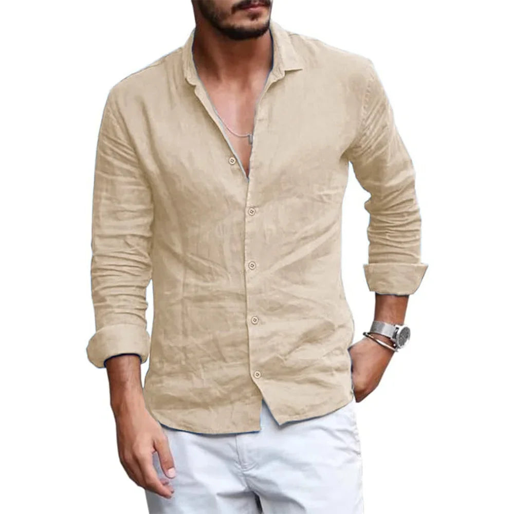 Summer Lightweight Breathable Men Shirt Long Sleeved Cotton and Linen Shirts Men Cardigan Tops Lapel Collar Men Beach Clothing