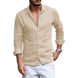 Summer Lightweight Breathable Men Shirt Long Sleeved Cotton and Linen Shirts Men Cardigan Tops Lapel Collar Men Beach Clothing