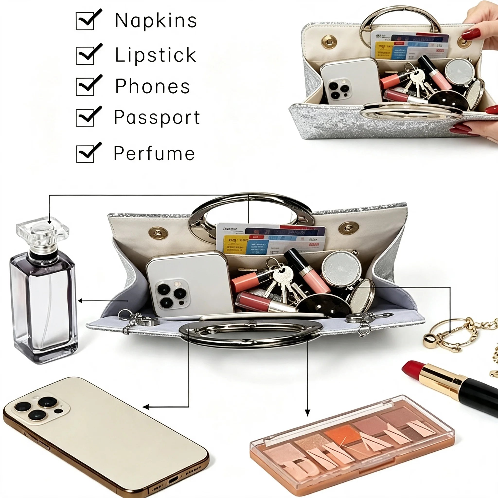 1Pc Black Glitter Rhinestone Top Handle Evening Clutch Bag, Women Sparkly Formal Handbag with Detachable Chain Strap, Elegant Purse for Wedding Party Prom Cocktail