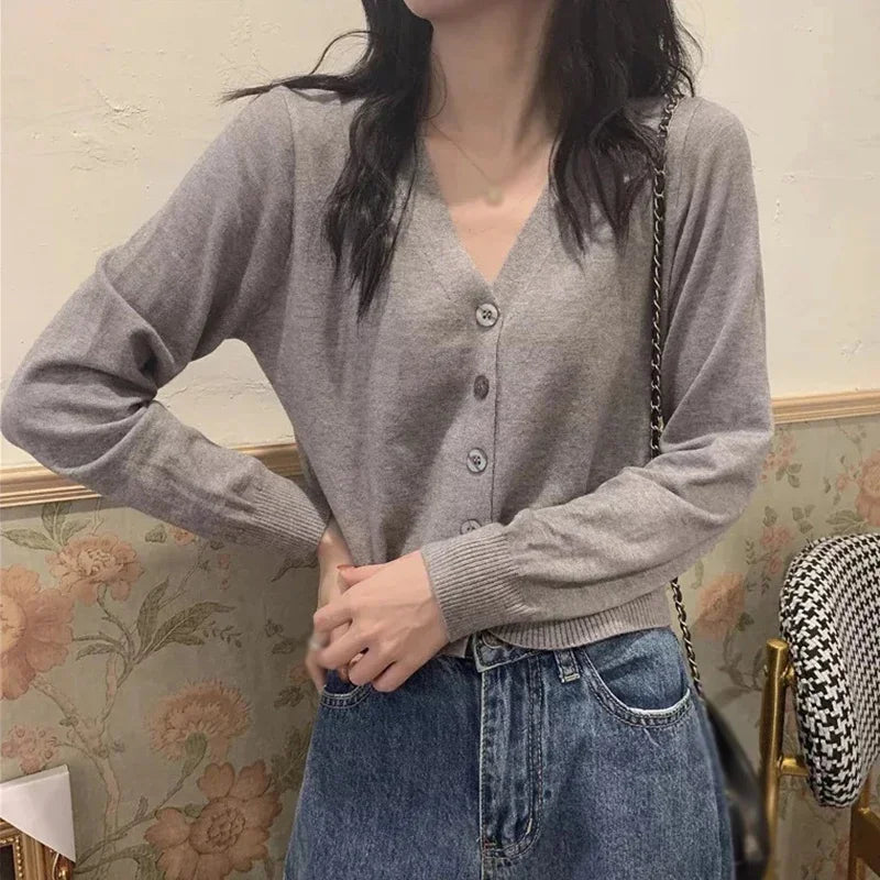 2026 Women Long Sleeve Cropped Cardigan V Neck Button Down Knit Lady Autumn Spring Knitted Single-breasted Cardigan Sweaters