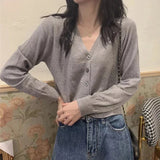 2026 Women Long Sleeve Cropped Cardigan V Neck Button Down Knit Lady Autumn Spring Knitted Single-breasted Cardigan Sweaters