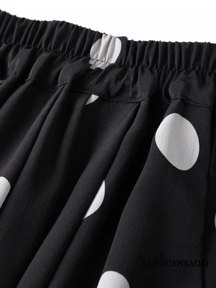 Modern Large Polka Dot 100% Natural Mulberry Silk Crepe De Chine Elastic Waist Women's Fashionable Cropped Lantern Pants