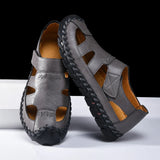 Outdoor Summer Man Sandals Stylish Leather Mens Beach Shoes Outdoor Men  Roman Flats Hollow Out Sandalias New Wading Aqua Shoes