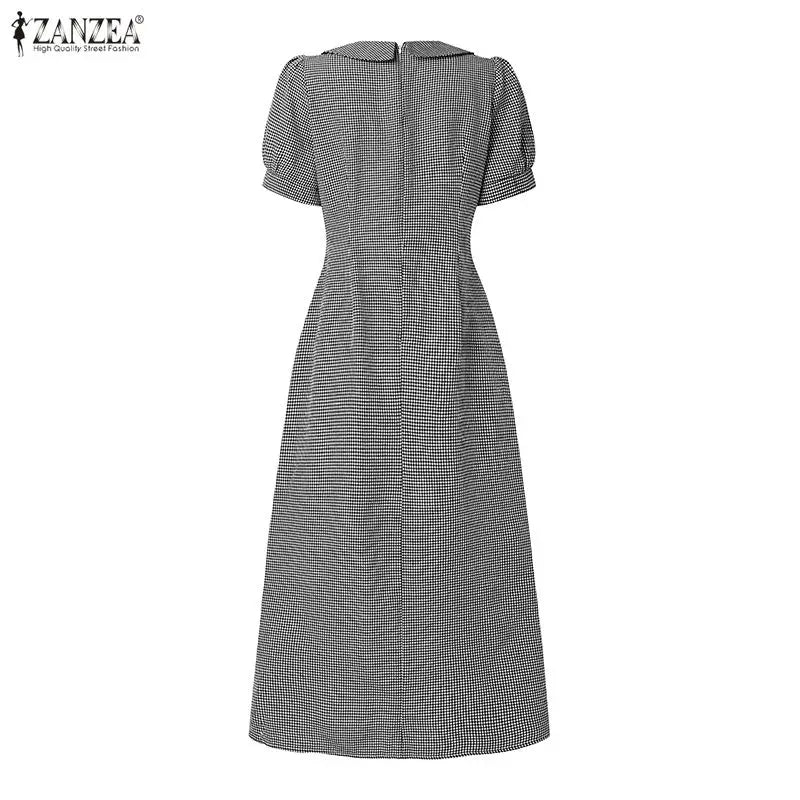 Women Summer Plaid Dress ZANZEA Elegant O Neck Short Sleeve Work Midi Sundress Woman Stylish A Line Holiday Robe Loose Dresses