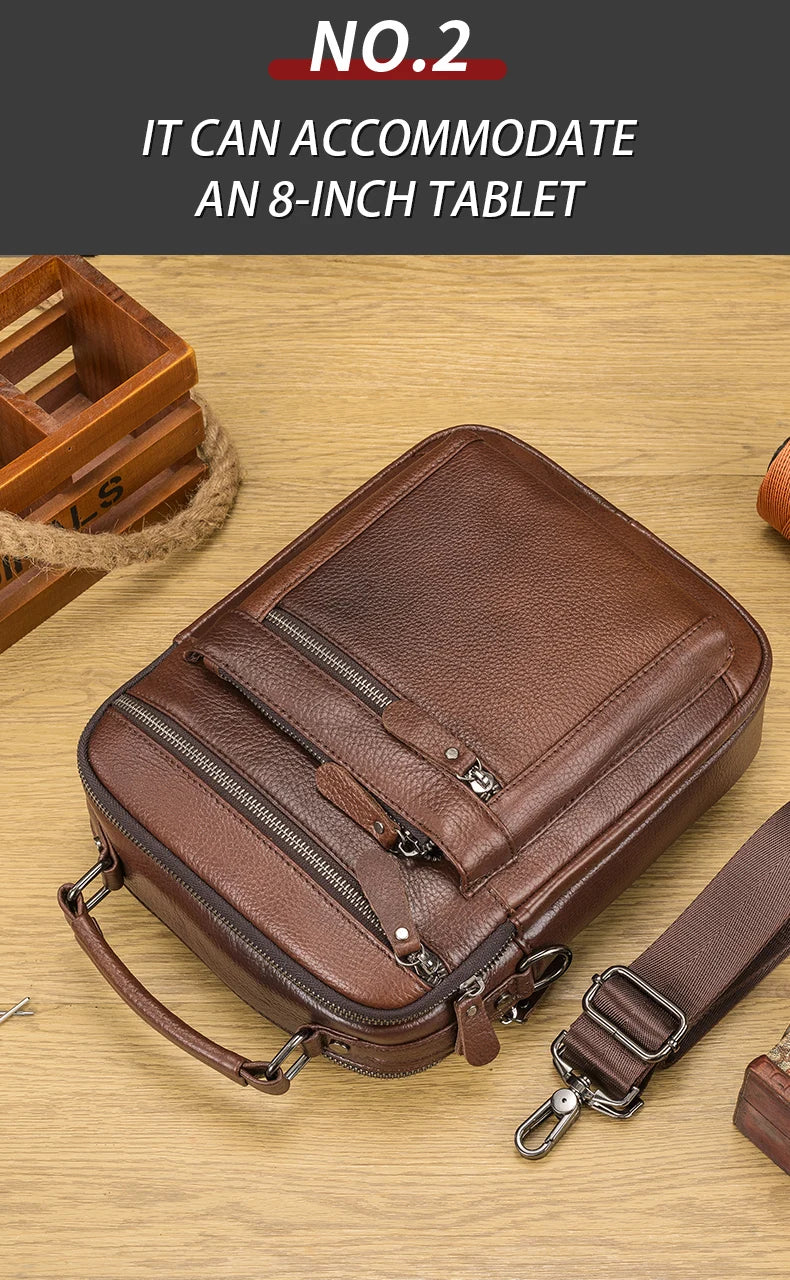 LION VERA Men's Shoulder Bag Casual Mobile Phone Zipper Bag Large Capacity Business Genuine Leather Travel Crossbody Bag