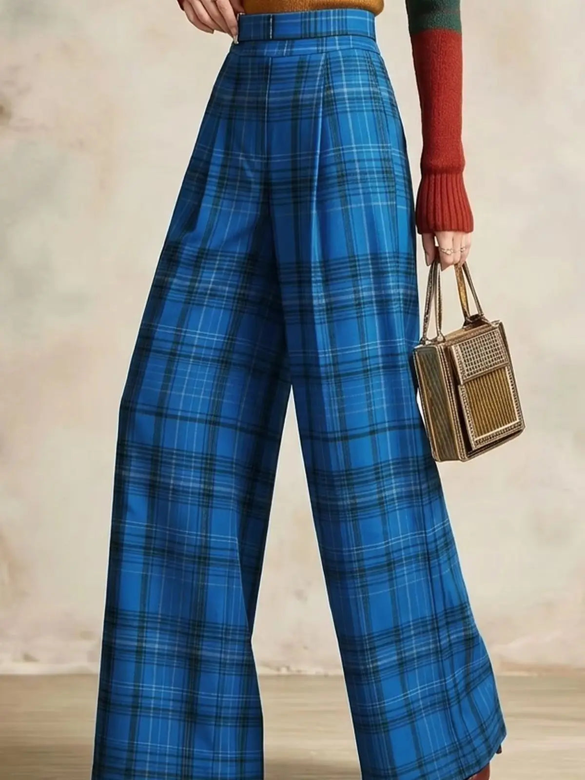 Women High Waist Pleated Plaid Wide Leg Pants Relaxed Fit Straight Trousers Casual Streetwear Bottoms For Daily Outing
