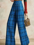 Women High Waist Pleated Plaid Wide Leg Pants Relaxed Fit Straight Trousers Casual Streetwear Bottoms For Daily Outing