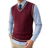 Mens V Neck Knitted Sweater Vest Lightweight Breathable Patchwork Pullover Autumn Casual Business Streetwear Knitwear for Men