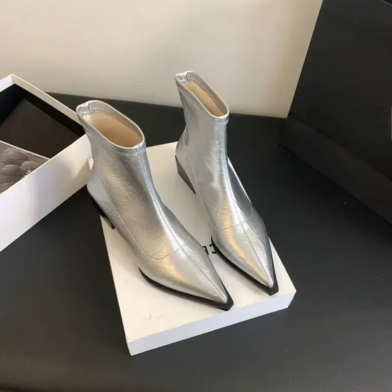 Pointed Toe Women Slim Ankle Boots Fashion Square Low Heel Ladies Elegant Back Zippers Short Booties Women's Footwear