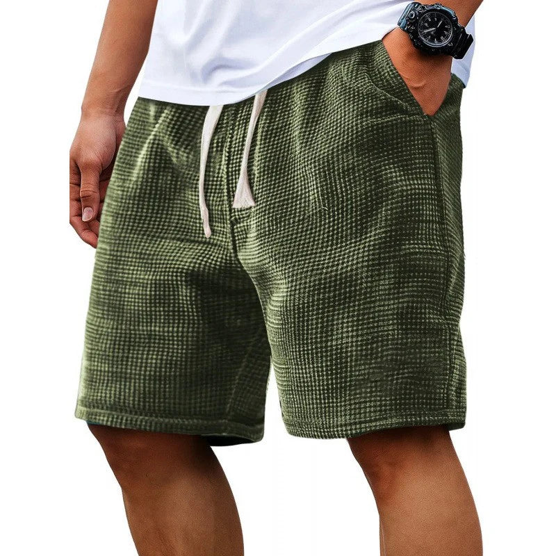 Men Shorts Solid Color Mid Waist Summer Motion Waffle Texture Deep Crotch Drawstring Mens Shorts Loose Knee Length Casual Short