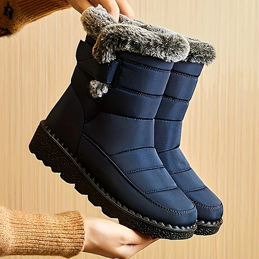 Women Winter Mid Calf Snow Boots Thick Plush Lined Warm Booties Magic Strap Waterproof Non Slip Flat Sole Thermal Shoes for Daily Walking Cold Weather Black Navy Wine Red Multi Colors Ladies Casual Winter Footwear
