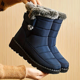 Women Winter Mid Calf Snow Boots Thick Plush Lined Warm Booties Magic Strap Waterproof Non Slip Flat Sole Thermal Shoes for Daily Walking Cold Weather Black Navy Wine Red Multi Colors Ladies Casual Winter Footwear