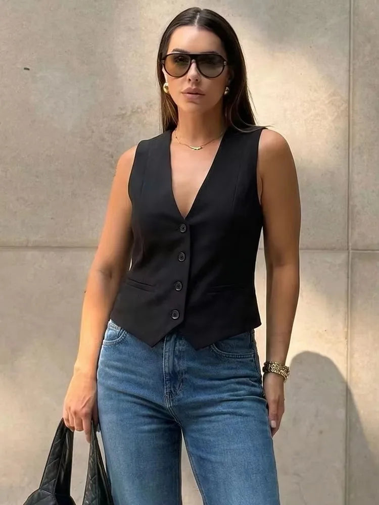 HH Elegant Womens Minimalist Solid Color Suit Vest Fitted Waist V Neck Office Workwear Business Waistcoat Casual Streetwear Tops
