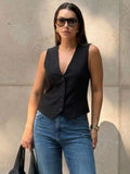 HH Elegant Womens Minimalist Solid Color Suit Vest Fitted Waist V Neck Office Workwear Business Waistcoat Casual Streetwear Tops