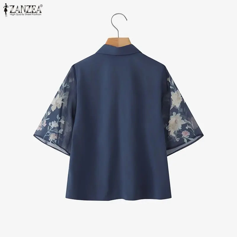 ZANZEA Summer 2026 Women's Elegant Blouses Turn-Down Collar Half-Zip Floral Print 3/4 Sleeves Patchwork Shirts Woman Clothes 3XL