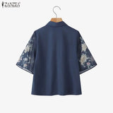 ZANZEA Summer 2026 Women's Elegant Blouses Turn-Down Collar Half-Zip Floral Print 3/4 Sleeves Patchwork Shirts Woman Clothes 3XL