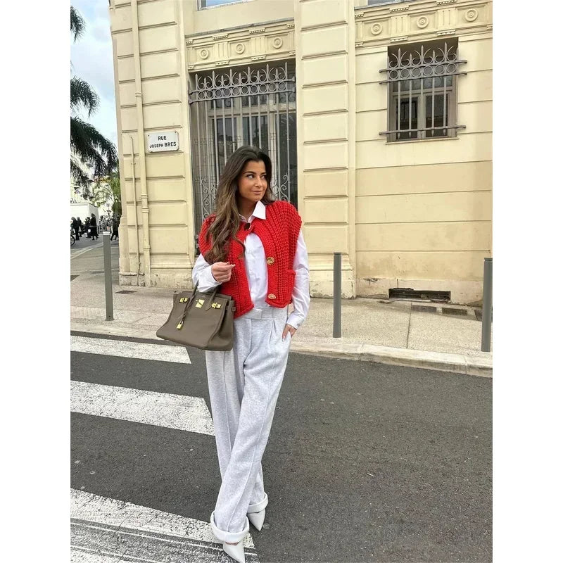 Korean fashion crop sweater women vest solid loose casual sweaters cable knit sweater vests for woman luxury designer tops