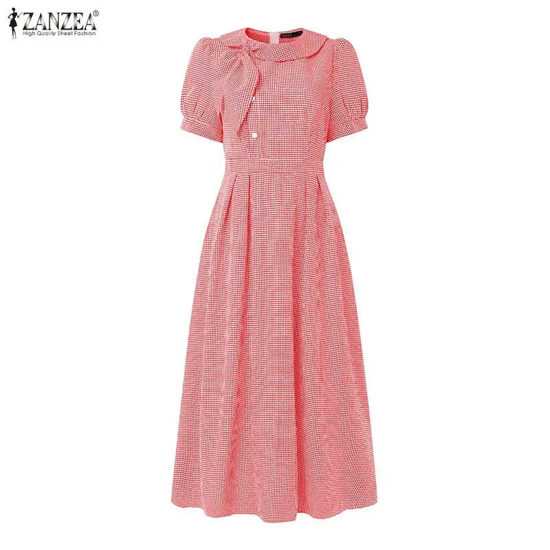 Women Summer Plaid Dress ZANZEA Elegant O Neck Short Sleeve Work Midi Sundress Woman Stylish A Line Holiday Robe Loose Dresses