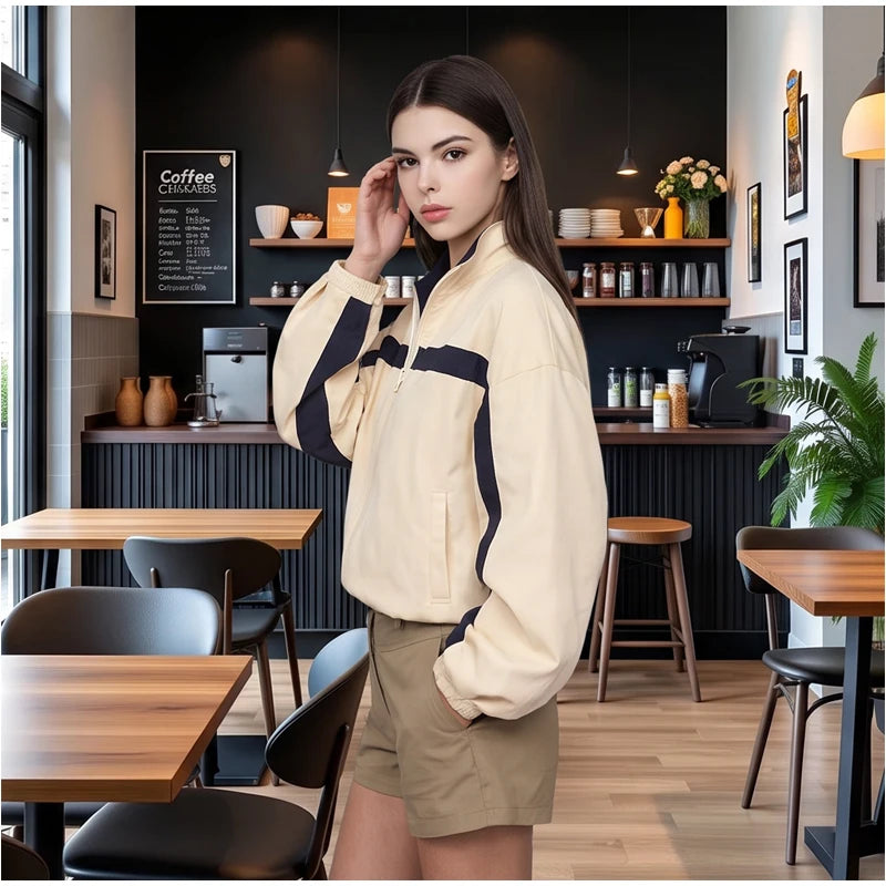Women's Jackets Beige Black Zip Collar Crop Jacket Lapel Loose Streetwear Spring Autumn Chic Sports Outfits Short Coats 2026 New