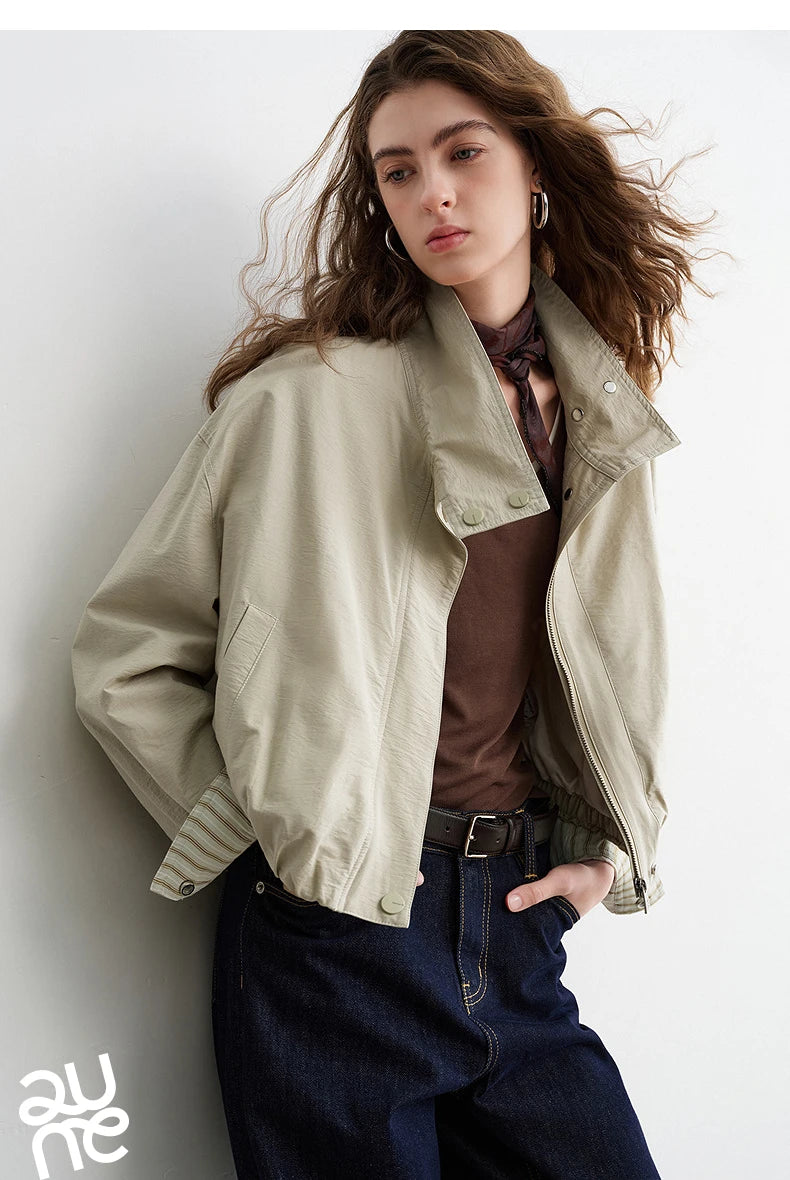 TOYOUTH Women Slub Cotton Jackets 2026 Spring New Cropped Tulip Silhouette Striped Cuff - Turn Up Stand Collar Tops