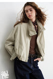TOYOUTH Women Slub Cotton Jackets 2026 Spring New Cropped Tulip Silhouette Striped Cuff - Turn Up Stand Collar Tops