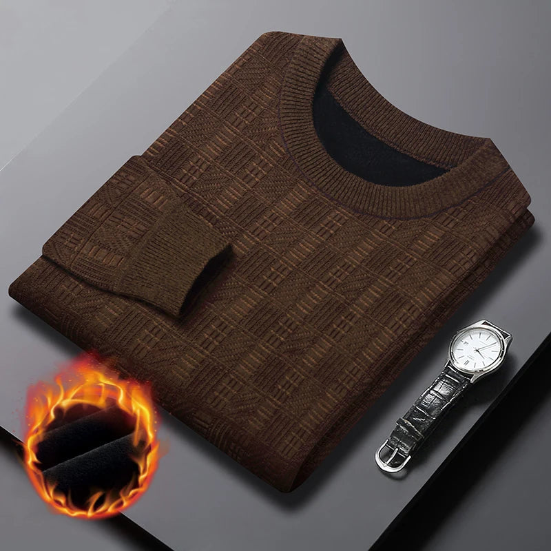Chenille Winter Warm Sweaters Men Plaid Jacquard O-neck Pullovers Fleece Thick Knitwear Male Business Casual Knitted Sweater