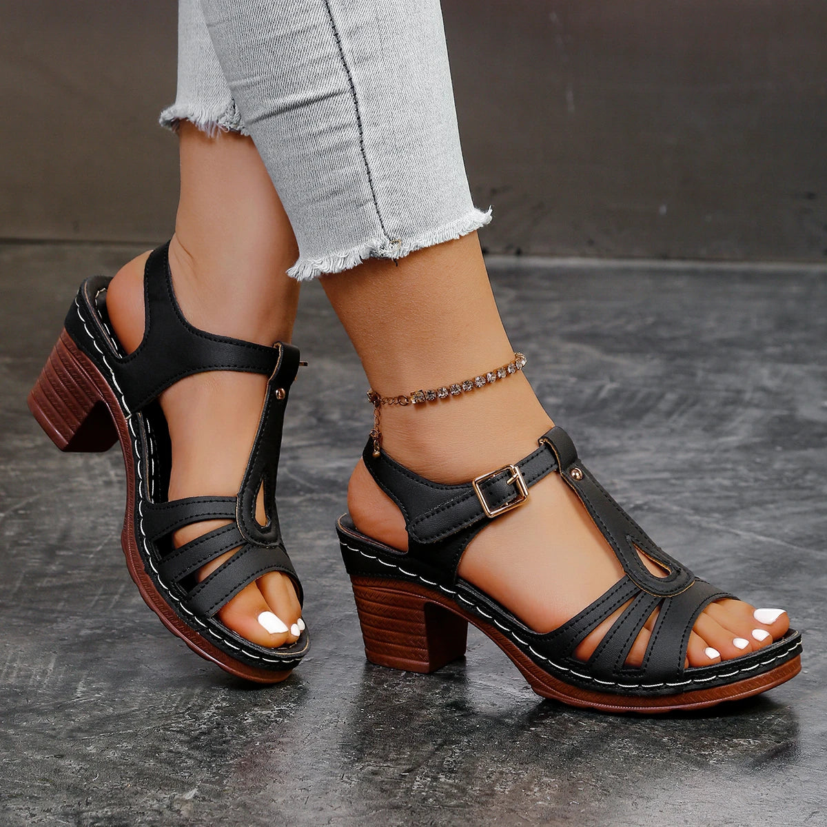 2026 Summer Plus Size 36-43 Sandals for Women, Stitched Thick High Heel, Comfortable Peep Toe, Single Strap Women's Sandals 43