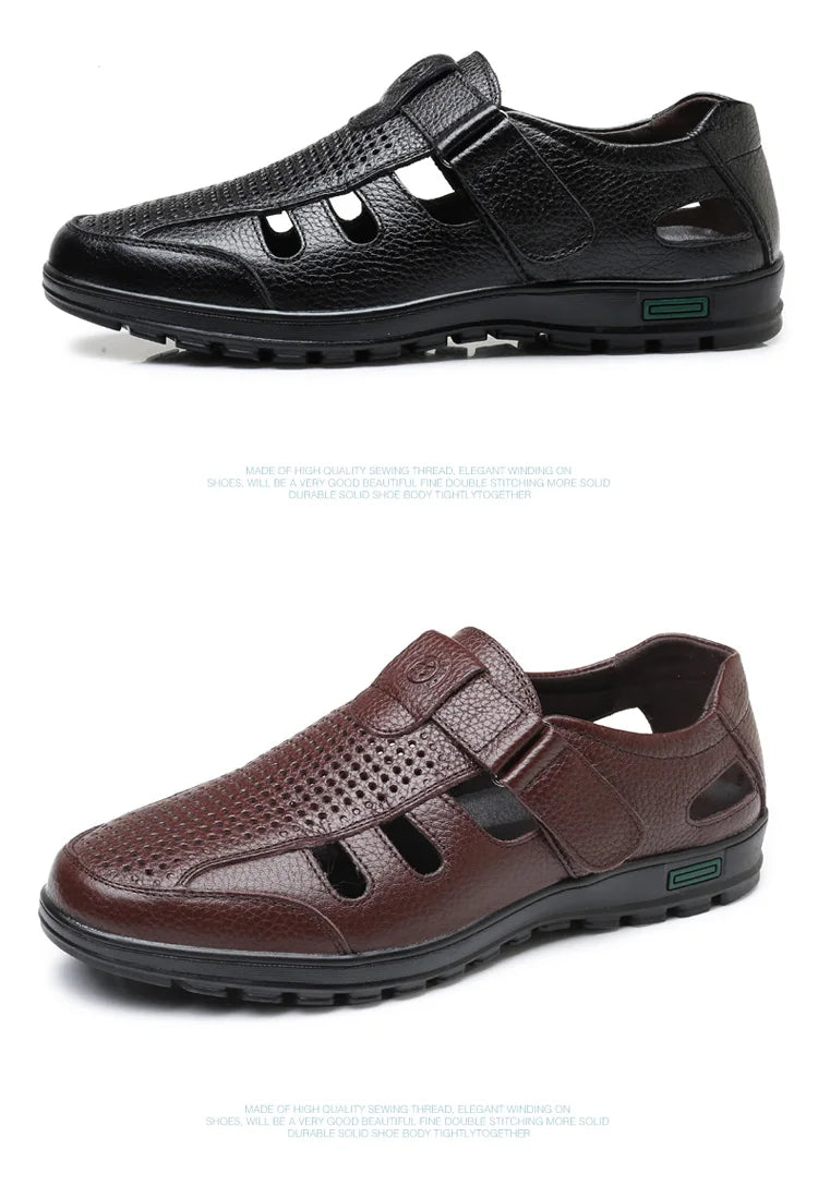 Men's Genuine Leather Sandals Men Summer Hollow Breathable Leather Shoes Mens Casual Soft Comfortable Flats EU Sizes 38-48