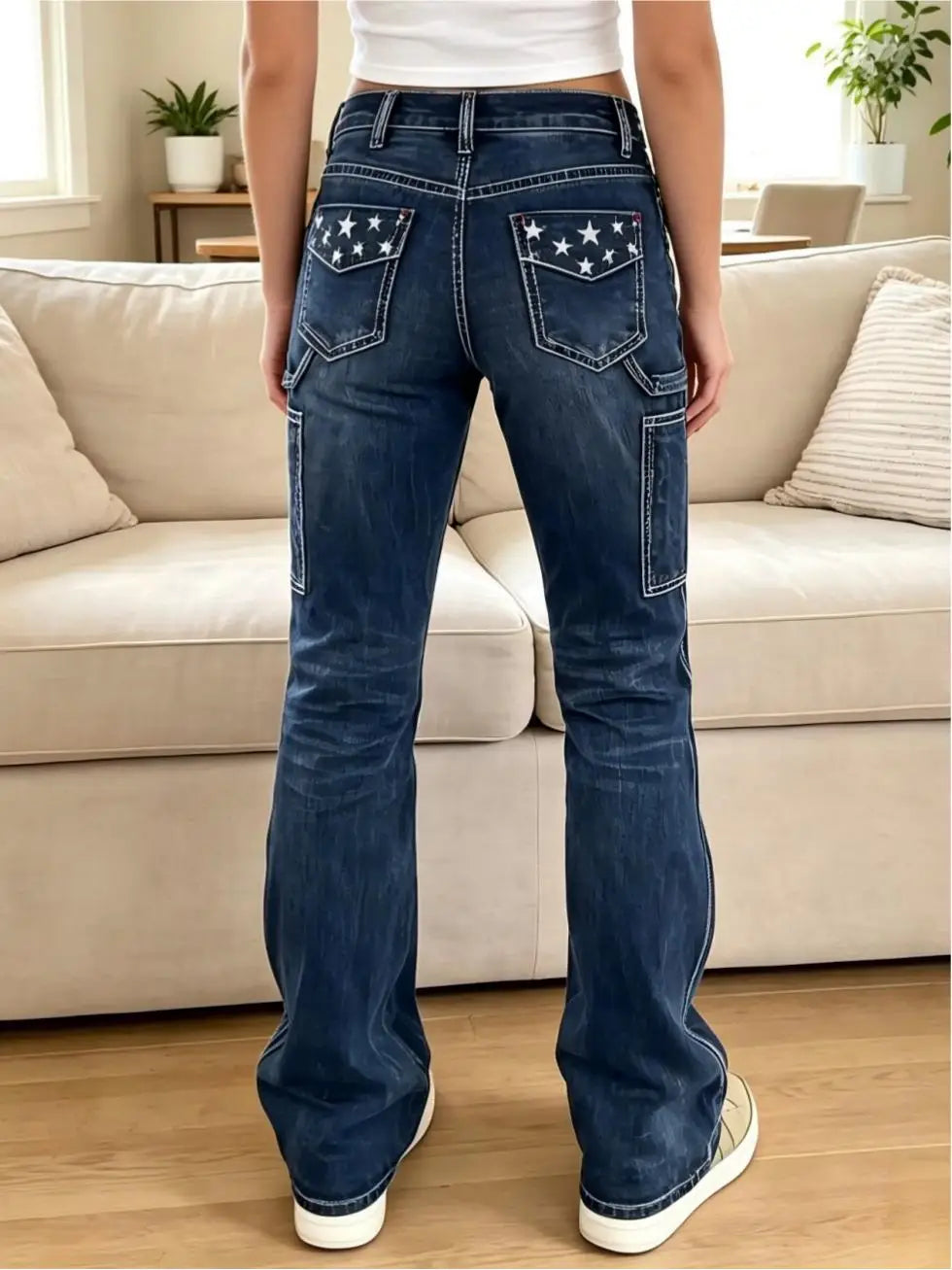 【HME】Jeans | Women Contrast Stitching Denim Pants, Mid‑Rise Flare Workwear Jeans, Star Embroidered Back Pockets, Side Cargo Patch Pockets, Wrinkle Cat‑Whisker Wash, Dark Blue & Black‑Grey Two‑Tone, American Y2K Re