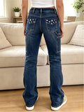 【HME】Jeans | Women Contrast Stitching Denim Pants, Mid‑Rise Flare Workwear Jeans, Star Embroidered Back Pockets, Side Cargo Patch Pockets, Wrinkle Cat‑Whisker Wash, Dark Blue & Black‑Grey Two‑Tone, American Y2K Re