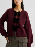 Autumn Winter Sweet Cute Coquette Women Wine Red Sweaters Cardigan Loose Lantern Sleeve Bow Knitted Fashion Female Outerwears