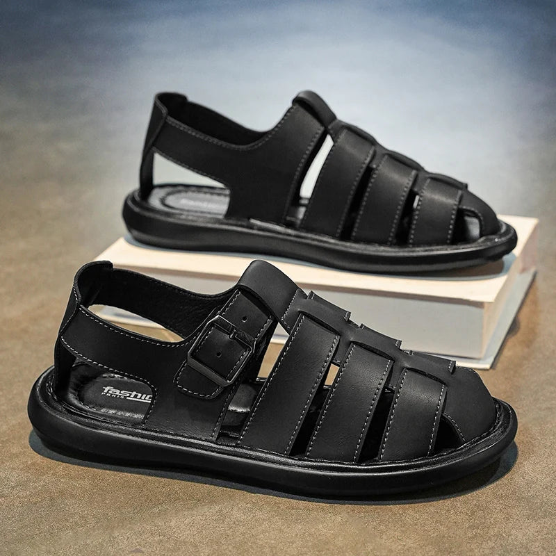 Summer New Men's Sandals High Quality Leather Roman Shoes Men Casual Beach Shoes Luxury Hollow Out Sandalias Male Big Size 38-48